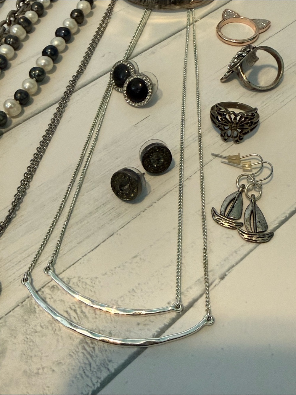 Set of Fashion Jewelry Silver Tone Necklaces, Earrings, Rings, Bracelet